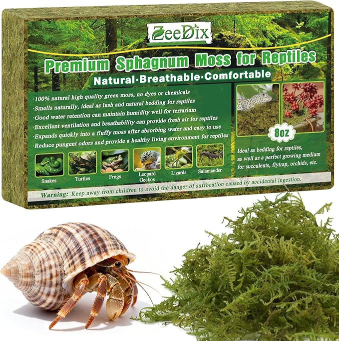 ZeeDix 8 oz Sphagnum Moss for Reptiles,12 qt Natural Hermit Crabs Moss Reptile Bedding Terrarium Substrate for Leopard Gecko Tortoise Lizard Ball Python Snakes Hermit Crab Habitat