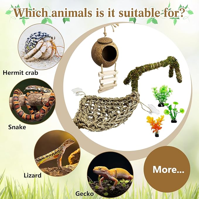6 PCS Hermit Crab Accessories Set Large Bendable Moss Hermit Crab Climbing Toys Coconut Shell Hut with Ladder Climbing Hammock with Suction Cup Plants for Reptile Amphibian
