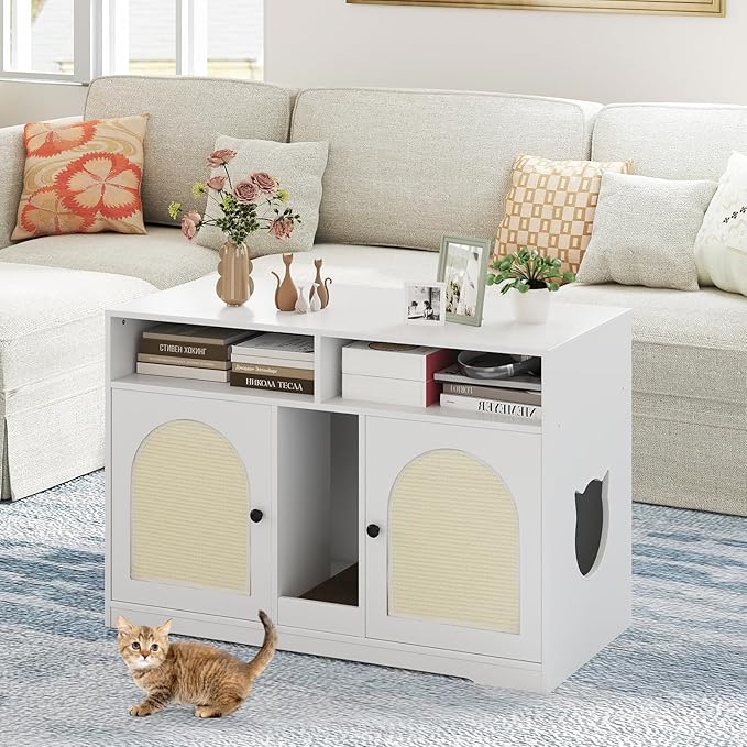 PETSITE White Double Litter Box Enclosure, 43 Inch Modern Cat Hidden Litter Box with Shelves, Double Rooms, Scratching Board, and 2 Sisal Mats, Indoor Wooden Kitten House End Side Table