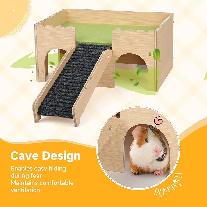 Wooden Guinea Pig Hideout Castle with Stairs,Small Animal Bed Hut Habitats Spacious 2-Level Detachable Small Pet House for Rabbits, Hamsters & Chinchillas Bunny (Green)