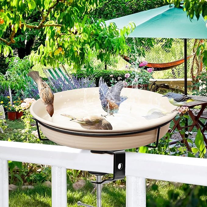 AUHOKY Bird Bath Deck Mounted Bowl 11 Inches, Balcony Railing Birdbaths Unheated, Bird Bath Fence Clamp Detachable (White)