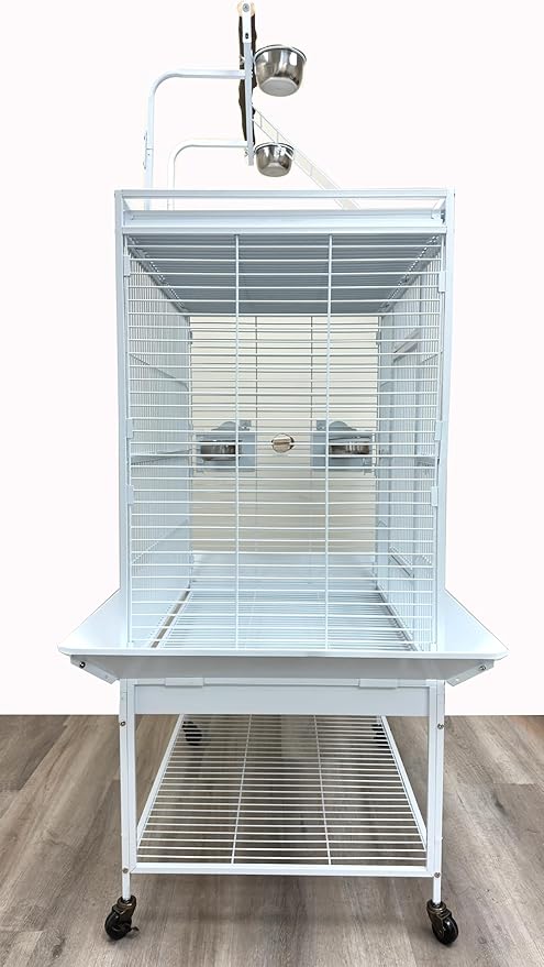 X-Large 32" Lx23 Wx69 H Deluxe Wrought Iron Bird Parrot Cage Top Play Ground Walk Ladder Stainless Cups Include Seed Guard Large Storage Shelf Heavy Duty Rolling Lockable Wheels