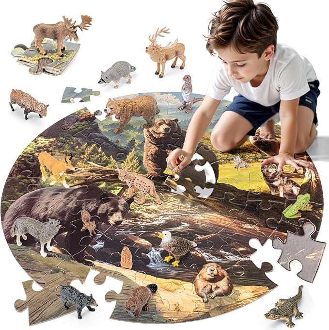 North American Animals Figurines Toys, 16PCS Realistic Safari Animals Figures & 67PCS 20" Large Woodland Jigsaw Puzzles Toys for Preschool Kids Toddlers, Ideal Gift for Toddler