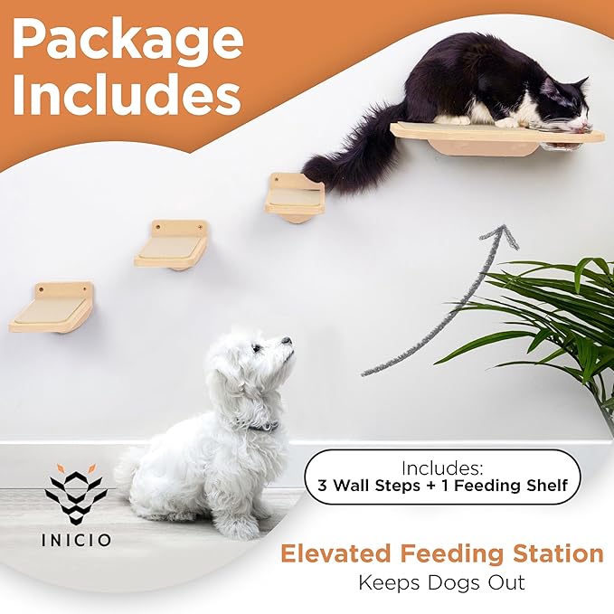 INICIO Cat Shelves – Dog Proof Feeding Station with Wall Mounted Shelves, 3 Steps for wall with Floating Shelf for Cats Up to 15lbs, Includes Cat Food Bowls for Convenient Feeding – Natural Wood