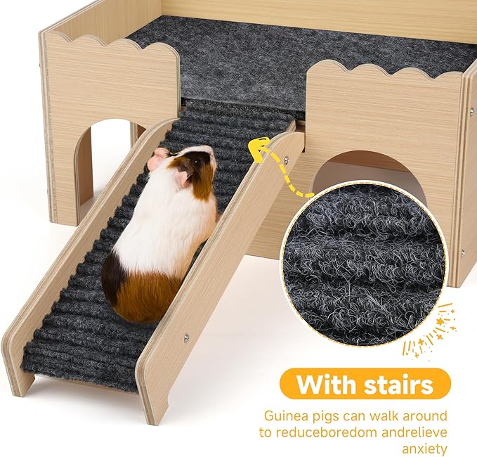 Wooden Guinea Pig Hideout Castle with Stairs,Small Animal Bed Hut Habitats Spacious 2-Level Detachable Small Pet House for Rabbits, Hamsters & Chinchillas Bunny (Grey)