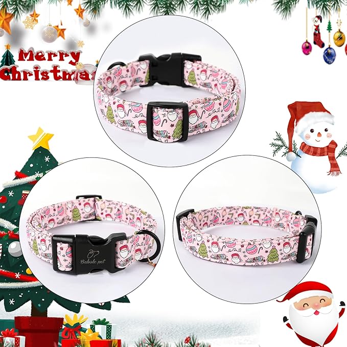 Christmas Dog Collar for Giant Large Dogs - Cute Santa Print Pink Christmas Collars for Dogs, Soft Adjustable Winter Holiday Dog Collars with Quick Release Buckle XL