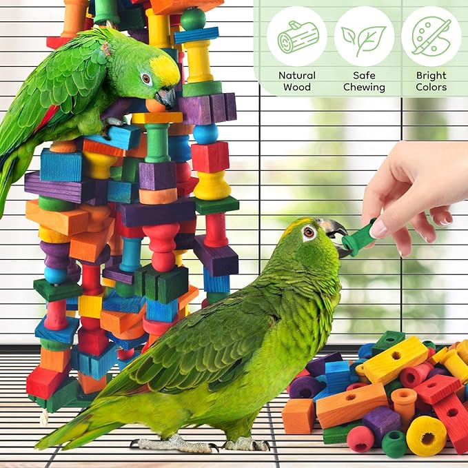 Bird Toys for Parrots, 200 Pcs Colorful Multi-Shaped DIY Wooden Blocks Craft, Natural Parrot Chew Training Foot Toy for Amazon African Grey Cockatiels Conure Monk Parakeet