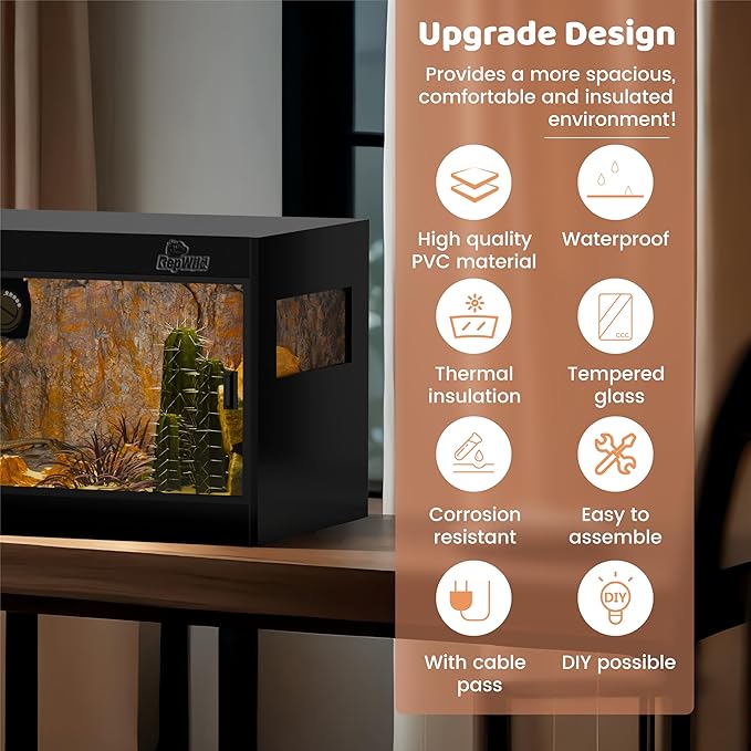 65 Gallon PVC Reptile Enclosure, RepWild 48"x18"x18" Stackable Terrarium/Tank with Dual Side Ventilation Mesh, Removable Glass Doors & Lock for Bearded Dragons, Ball Python, Geckos, Lizards