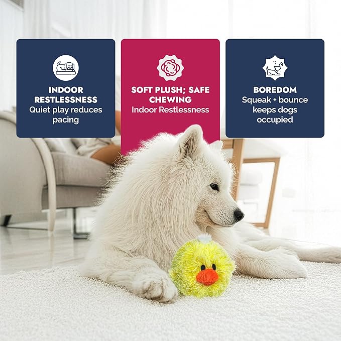 Pet Lou DOG'Z 4 Inch EZ Squeaky Chick Dog Plush Toy, Stuffing-Free Soft Plush, Durable Bouncy Squeaker Ball, Floats in Water, for Small & Medium Dogs, Yellow