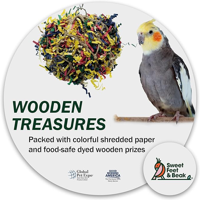 Sweet Feet and Beak Super Shredder Ball - Bird Cage Accessories to Keep Your Bird Busy Foraging for Hidden Treasures - Non-Toxic, Easy to Install Bird Foraging Toys for Medium Sized Birds - 5 Inch