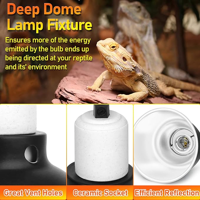 Reptile Reflector Dome Lamp Fixture, 5.5 inch Deep Polished Aluminum UVB Light Fixture for Reptile Glass Terrariums fit UVB UVA Bulb, Basking Heat Bulb, Ceramic Heat Emitter