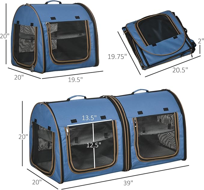 PawHut 39" Portable Soft-Sided Cat Carrier, Cat Kennel, Travel Dog Crate with Divider, Two Compartments, Soft Cushions & Storage Bag, Easy to Fold, Blue