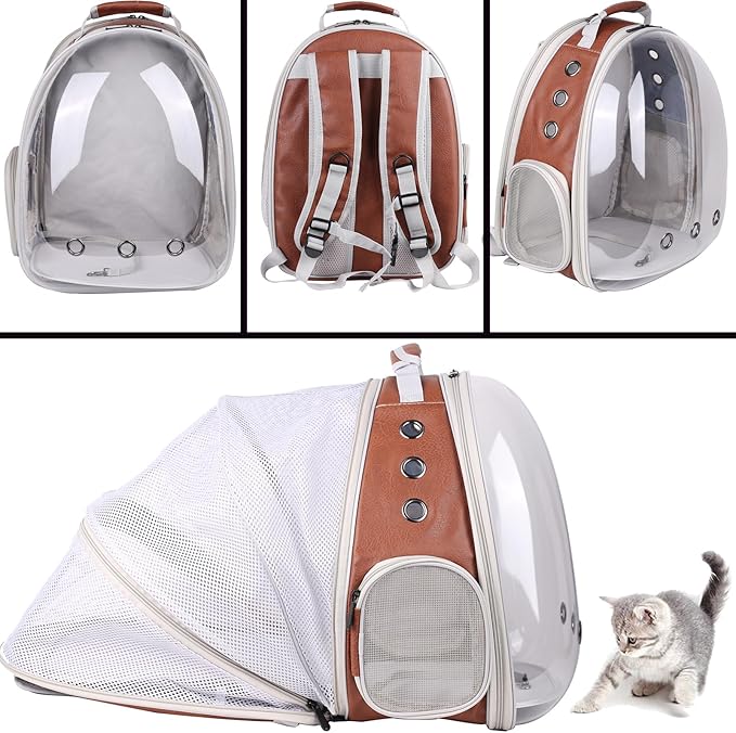 halinfer Back Expandable Cat Backpack Carrier, PU Leather Fit up to 12 lbs, Space Capsule Bubble Window Pet Carrier for Bunny Small Puppy, Backpack for Kitten