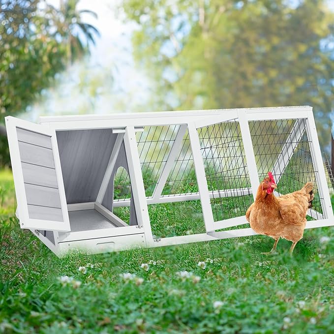 Small Chicken Coop, Wooden Chicken Coop for 2 Chickens Outdoor A-Frame Quail Coop Bunny Cage with 3 Doors,Pull-Out-Tray&Ventilating Wire Fence for Small Animals(Grey)