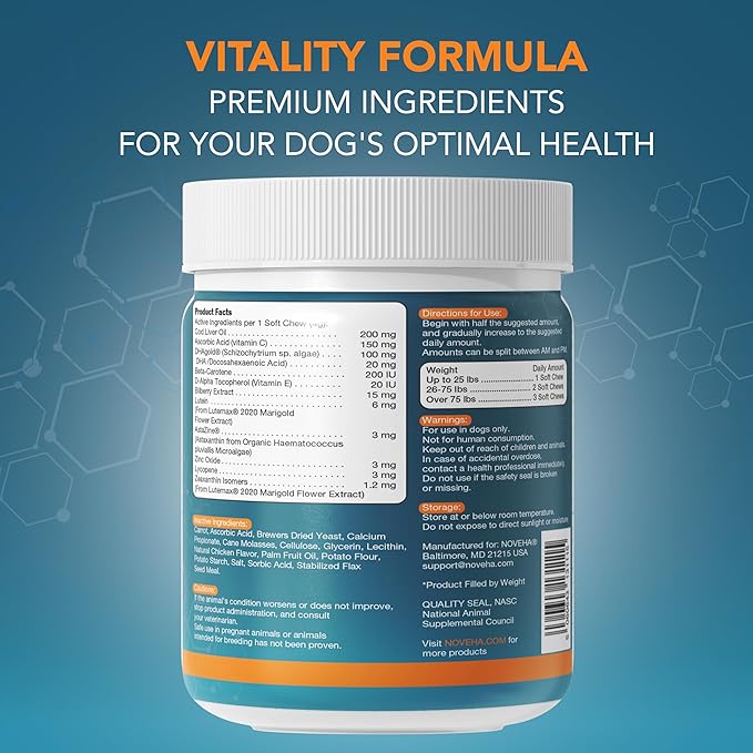 NOVEHA 180 Soft Chews for Dogs – with Lutein, Astaxanthin & Omega-3 from Fish Oil – Support for Overall Wellness – Made in USA – Chicken Flavor – 90 Chews x 2 Pack