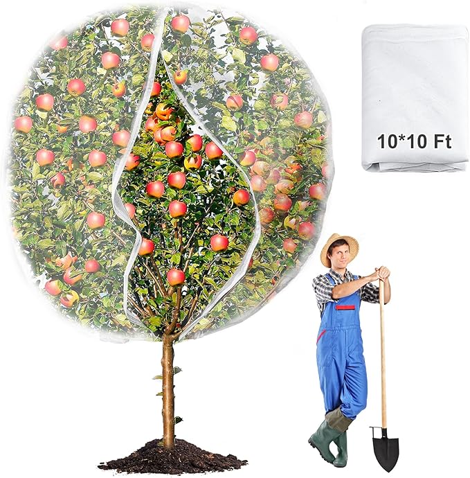 10 x 10ft Extra Large Fruits Tree Netting, Garden Mesh Insect Tree Cover with Zipper Drawstring Bird Barrier Net Plant Bag Blueberry Bushes Protection Plant Cover for Prevent Animals Deer Squirrel Bug