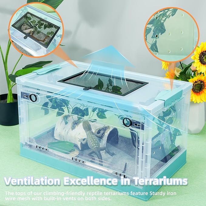 22" Foldable Reptile Terrariums Snake Tanks Enclosures for Bearded Dragons Iguanas Lizards Crested Geckos Clear Views Portability High-Temperature Resistant Mesh (Blue, Large)