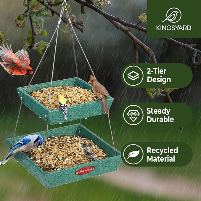 Kingsyard 2 Tier Large Platform Bird Feeders for Outdoors Hanging, 5 lbs Capacity Recycled Plastic Flat Mealworm Bird Feeder Tray, Garden Decoration Attracting Cardinal Blue Jay, Green