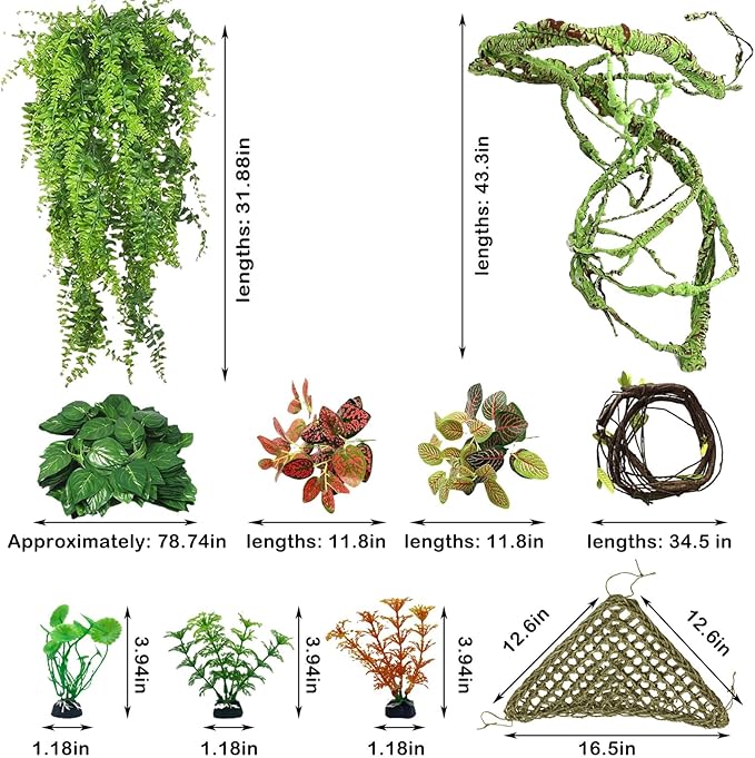 kathson 10 PCS Reptile Vines Plants Flexible Bendable Jungle Climbing Vine Terrarium Plastic Plant Leaves Pet Tank Habitat Decor for Bearded Dragons Lizards Geckos Snakes Frogs and More Reptiles