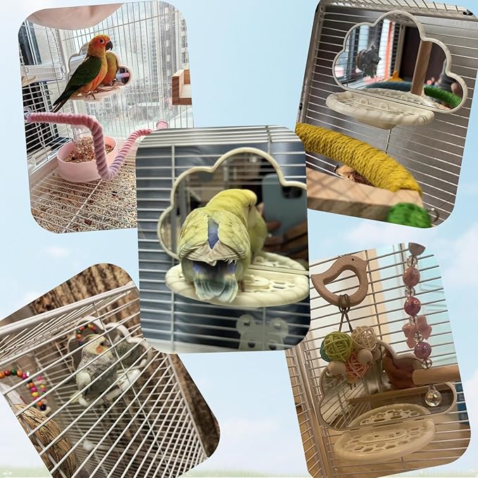 Bird Mirror with Perch & Slow Feeder – Interactive Bird Toy, Birds Cage Accessories for Parakeet, Budgies, Cockatiels, Conures, Lovebird, Finches & Canary – Relieve Boredom-White