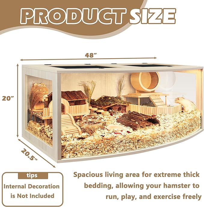 Prolee Hamster Cage Chew Proof Wood, Hamster Enclosure Openable Top with Curved Design,Waterproof Small Animals Cage with Acrylic Sheets for Gerbils,Hamsters Habitat (48"x20"x20")