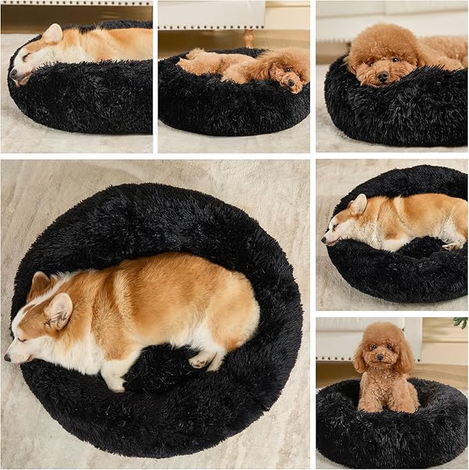 Dog Calming Beds for Small Medium Large Dogs - Round Donut Washable Puppy Dog Bed, Anti-Slip Faux Fur Fluffy Donut Cuddle Anxiety Cat Pet Bed(24'' Black)