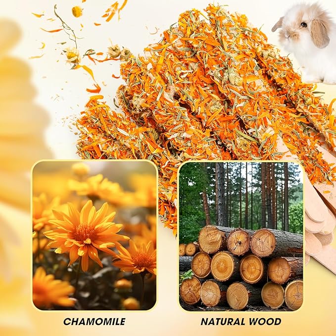 Abizoo Bunny Chew Toys for Teeth, Natural Chamomile Wooden Chew Sticks for Guinea Pigs, Rabbits & Small Animals - Safe Chew Toys for Teeth Grinding, Dental Care