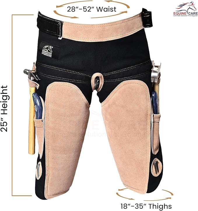 Equine Care Farrier Apron Chaps for Men 25" Cowhide Suede Leather & Canvas, Adjustable 28"-52" Waist, 2 Hammer Loops, Hoof Knife Pockets & Nail Magnets, Air Mesh, Farrier Tools for Hoof Trimming.