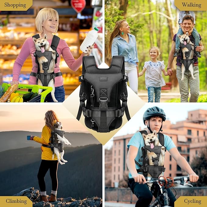 Dog Front Carrier Backpack, Legs Out Secure-Fit Pet Chest Carrier for Small Dogs (6-24 lbs), Adjustable Pet Carriers with Safety Belt, Hands Free Dog Backpack Carriers for Hiking Cycling (M, Black)