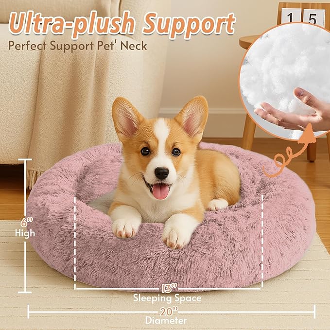 JOLLYVOGUE Calming Dog & Cat Bed for Small Dogs, Anti-Anxiety Donut Cuddler Cozy Soft Round Bed with Anti-Slip Bottom, Fluffy Faux Fur Plush Cushion Beds for Small Medium Pets (20")