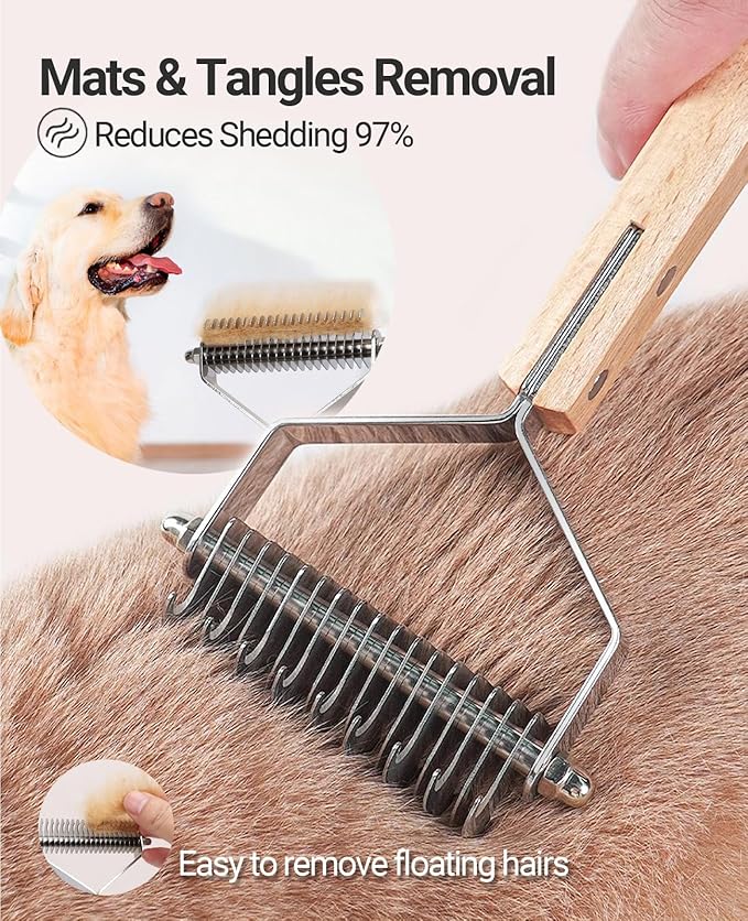 Wooden pet grooming rake - Mats and Tangles Removal Tool Undercoat Rake for dogs & Cats | Suitable for thick and Long Hair Grooming Brush & Deshedder Comb Reduces Shedding 97%
