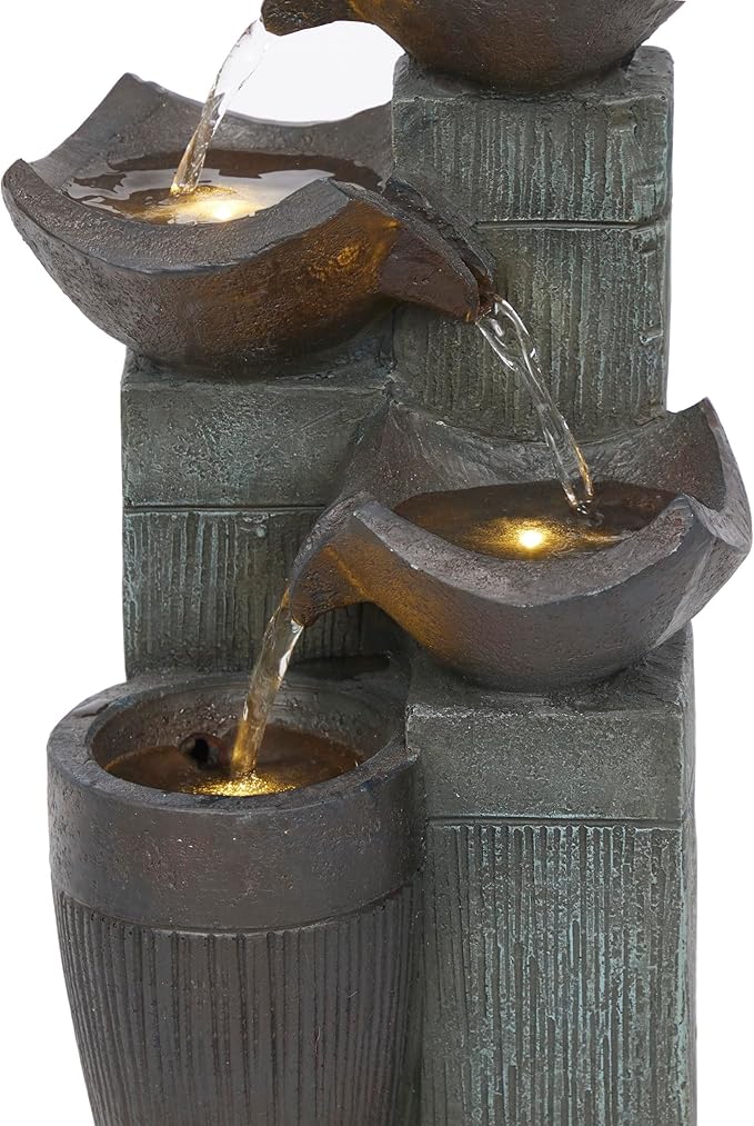 Alpine Corporation TZL414 14" 4 Tier Squared Bowls Fountain with LED Lights, Elegant Tabletop Water Feature for Home, Office, Living Room, Bedroom & Desk Decor, Gray
