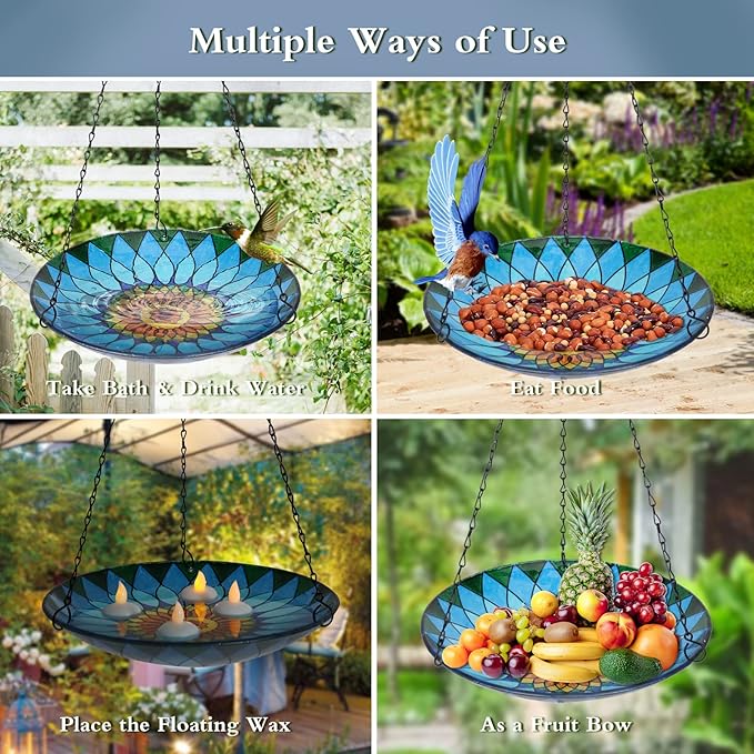 MUMTOP Hanging Bird Bath - Bird Baths for Outdoors, 12 Inch Glass BirdBath Bowl Outdoor BirdFeeders for Garden Yard and Patio Decor