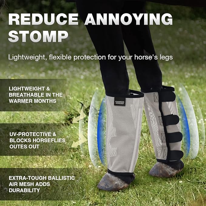 Harrison Howard Loose Fitting Fly Boots UV-Protective Extra Tough Mesh Ventilated Four Fasteners Stay-on Design Protect Horse Legs & Stomp-Reducing Set of 4 Silver Grey Yearling