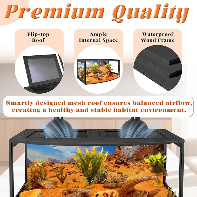 PROLEE Bearded Dragon Tank, Curved Reptile Enclosure with 3-Side Clear Acrylic Panels, Spacious Lizard Tank with Metal Mesh Top and Lockable Door for Reptile Habitat (Black, 48" Length,80 Gallons)