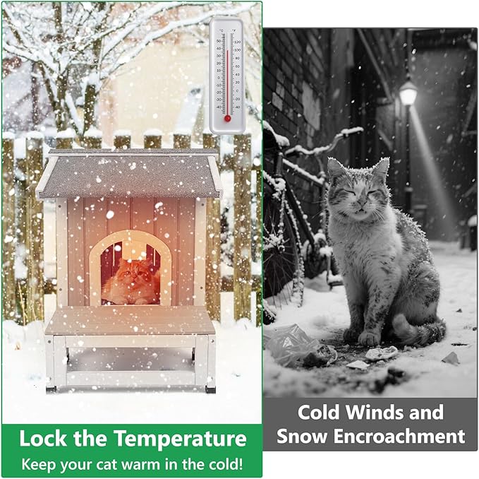 PetsCosset Outdoor Cat House with Insulated Liner for Winter, Insulated Feral Cat Shelter Weatherproof for Outside with Openable Asphalt Roof, Large Balcony, Escape Door