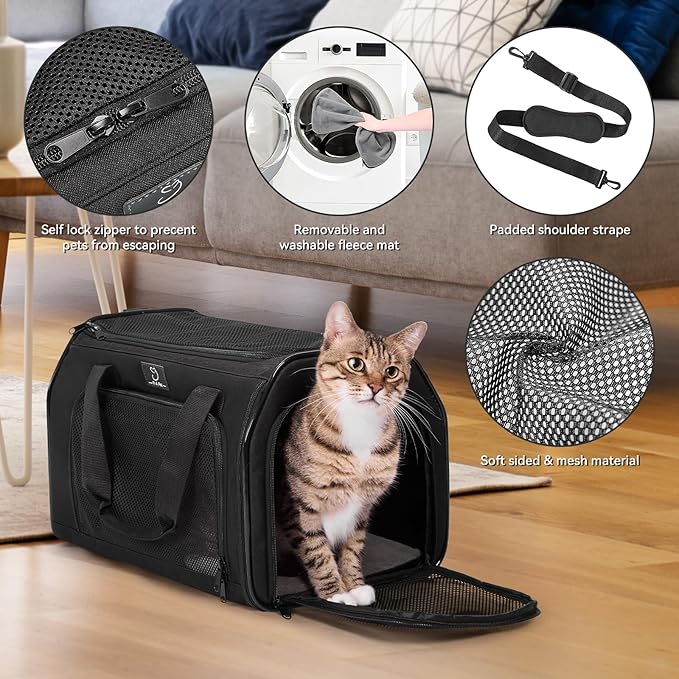 Airline Approved Pet Carrier for Small Dogs & Cats Up to 15lbs, Soft-Sided, Foldable, Ventilated, TSA Travel Bag with Fleece Pad, Safety Straps, Washable Portable Cat Dog Airline Travel Tote