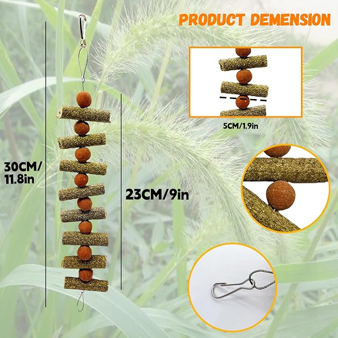 3Pcs Bunny Chew Toys for Teeth Bunny Hanging Grinding Cake Natural Sweet Bamboo Sticks Timothy Hay&Carrot Cake for Rabbit Guinea Pig Chinchilla Gerbil Improve Dental Health