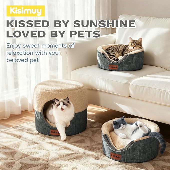 Cat Cave Bed for Indoor Cats & Kittens, 2-in-1 Foldable Cat Couch & Lounger for Small & Medium Cats with Reversible Cushion - Calming Anti-Anxiety Pet House, Soft Plush & Anti-Slip Bottom, 15.7 Inch