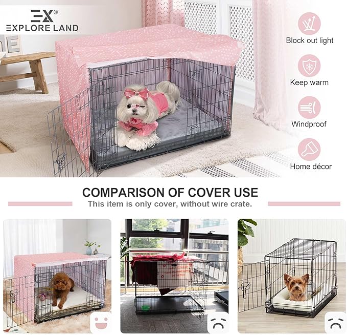 Explore Land Pattern Dog Crate Cover for 36 Inches Wire Cage, Heavy-Duty Polyester 1 2 3 Doors Standard Metal Pet Kennel Enclosure (Princess Pink)