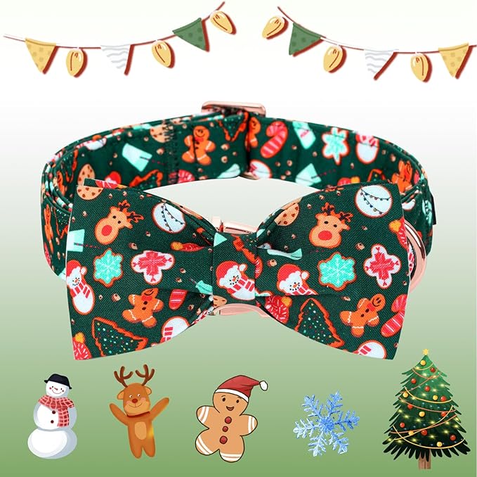 Christmas Dog Collar, Cute Winter Holiday Collars Green Christmas Tree and Snowman Print Metal Buckle Collar Adjustable Sturdy Collars for X-Large Girl Boy Dogs