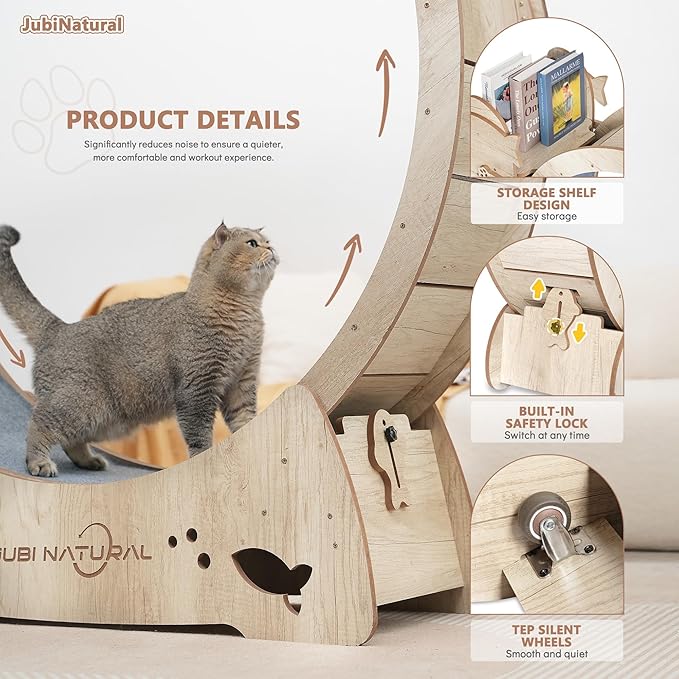 Cat Exercise Wheel, 35.9" Cat Running Wheels for Indoor Cats with with Locking Mechanism, Cats Treadmill Wheels with Scratching Board and Teaser Toy, Cat's Weight Loss and Health