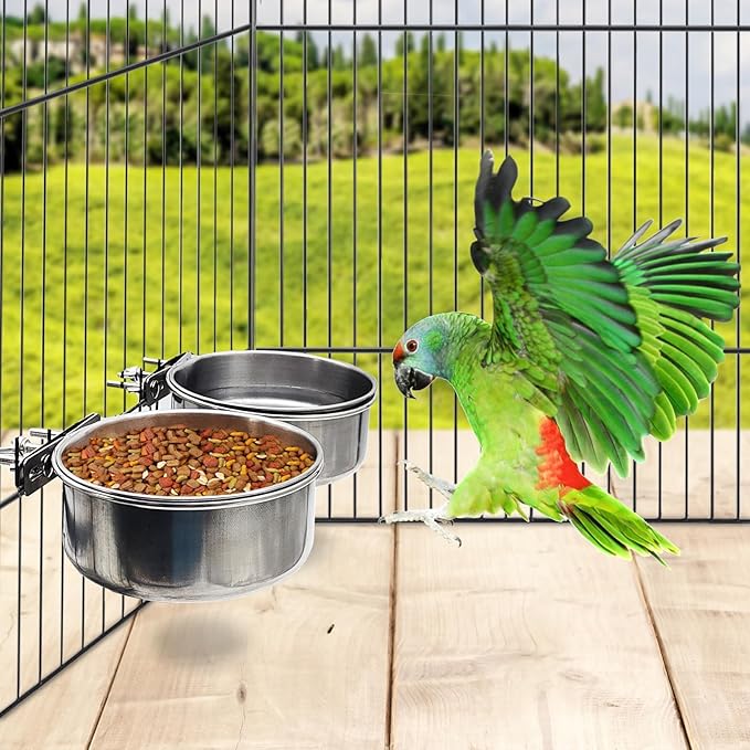 PINVNBY 2pcs Stainless Steel Bird Bowl Feeding Dish Cups for Parrot, Parakeet, African Greys, Conure, Cockatiels, Lovebird, Budgie, Chinchilla (Three Screws Size: L)