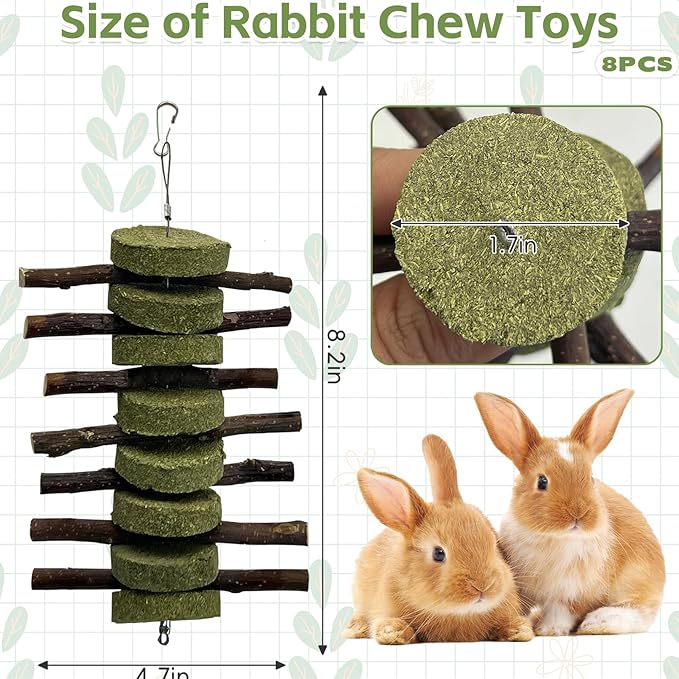 kathson 8PCS Bunny Chew Toys for Teeth Grinding, Chinchilla Treats Organic Bamboo Sticks Natural Fruitwood Branches for Rabbits Guinea Pigs Hamsters (Fruitwood Sticks+Alfalfa Cakes)