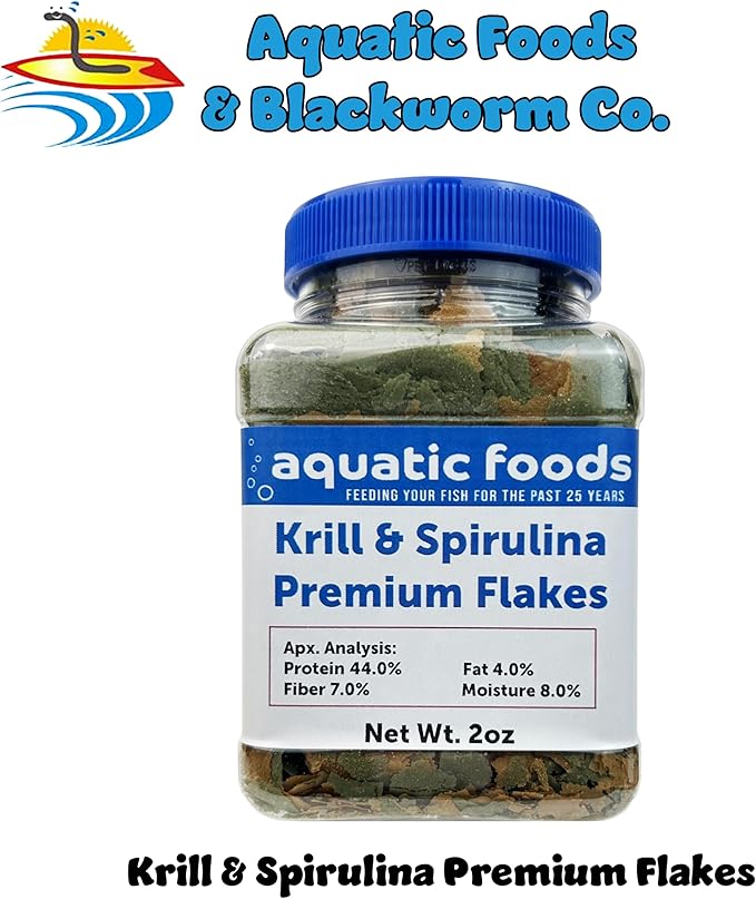 Aquatic Foods Inc. Premium Krill & Spirulina Flakes for Cichlids, Discus, Angels, Tetras, Guppies, Koi, Goldfish, All Tropical Fish Also Pellet Mix, Wafer Mix Included…2oz