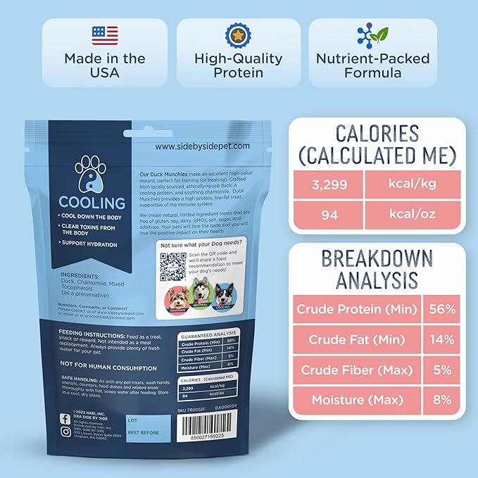 Side by Side Duck Munchies - Cooling Freeze-Dried Dog Treats - Ideal Dog Training Treats, Snack or Reward - Made of Whole Raw Ingredients, Free of Artificial Additives - USA Made (4oz., Pack of 2)