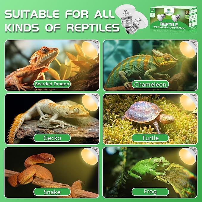 Reptile Heat Lamp Bulbs, UVA Reptile Heat Bulb 2 Pack, 25 Watt Heat Light Bulbs, Daylight Basking Spot Light for Lizard, Bearded Dragon, Snake, Gecko