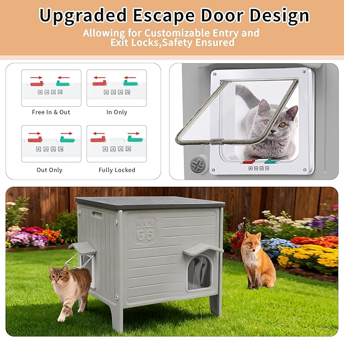 Cat House for Outdoor with Insulated Liner Weatherproof Cat Shelter, Plastic Cat House Easy to Assemble Cable for 1-4 Cats (Winter-Ready)