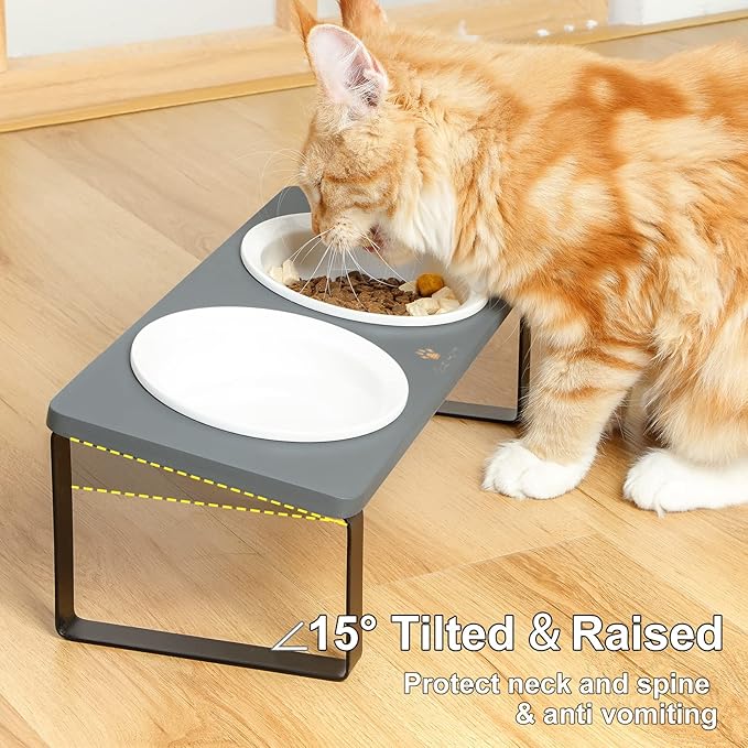 Sunhoo Elevated Cat Bowls for Indoor Cats Ceramic Kitty Dish Food Water Raised Tilted Puppy Feeding Sation with 4 Dishes Wooden Stand Pet Feeder Metal Legs Orthopedic ReducesVomiting（Grey）