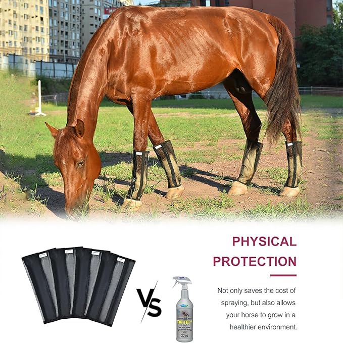 Mesh Horse Fly Boots Set of 4, Non-Slip Horse Leggings, Loose Fitting Fly Boots for Horses, Breathable Adjustable Leg Wraps, Reduce Stomping & Stay Up, Not Sag, No Rub